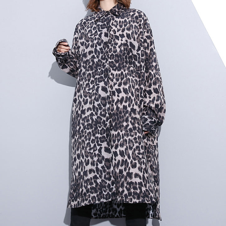 Mode schwarz leopard plus größe mantel Drehen-unten Kragen baggy