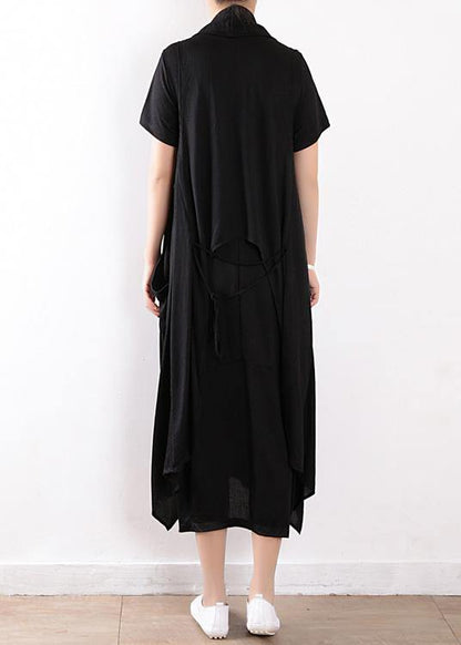 fashion black linen cotton short sleeve dresses and sleeveless coat two pieces - SooLinen