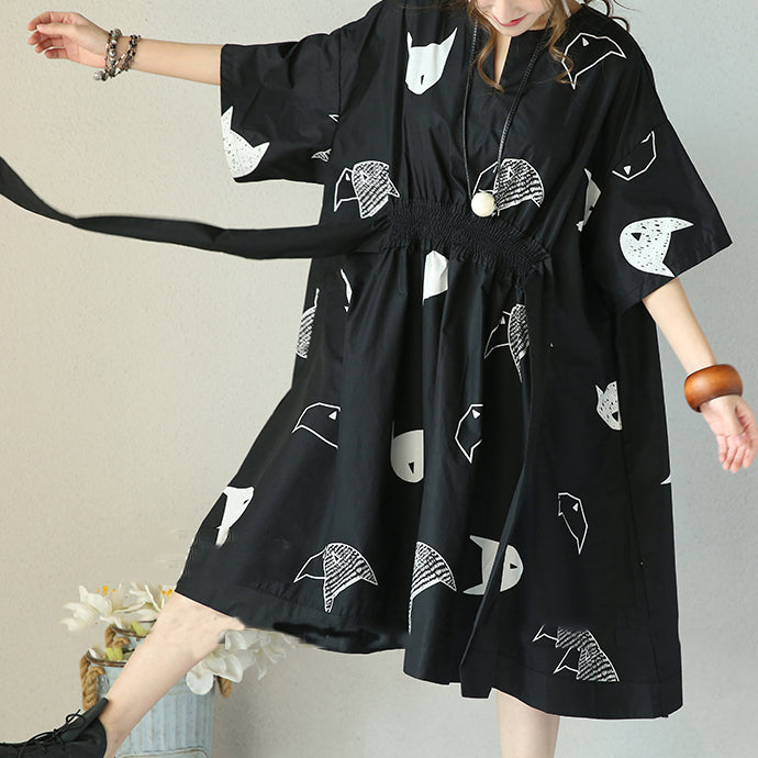 Mode schwarz natürliche Baumwolle Kleid plus Größe Kleidung Krawatte Taille Cinched Reisekleidung Frauen V-Ausschnitt Baumwolle Kaftane