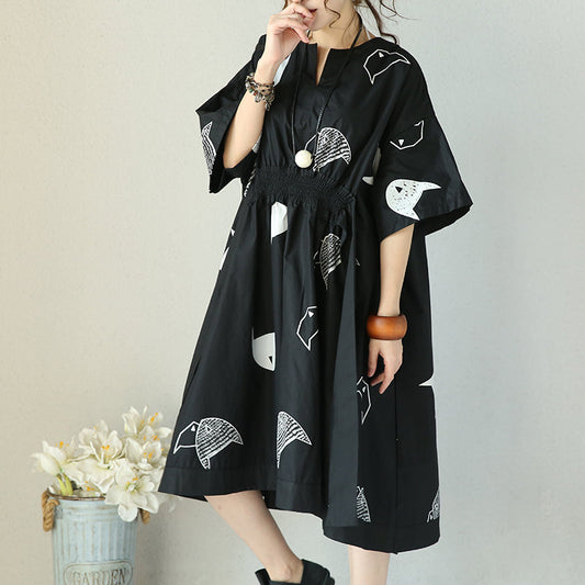 Mode schwarz natürliche Baumwolle Kleid plus Größe Kleidung Krawatte Taille Cinched Reisekleidung Frauen V-Ausschnitt Baumwolle Kaftane