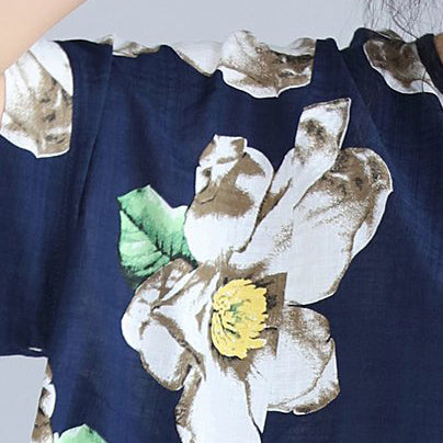 modisches blaues florales Naturleinenkleid trendiges Plus-Size-Reisekleid 2018 große Taschen Kurzarm-Leinenkleidungskleider