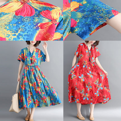 Modisches blaues langes Baumwoll-Leinen-Kleid mit übergroßem Druck. Cinched-Kleider. Feines Baumwoll-Leinen-Kleid mit Kordelzug und V-Ausschnitt