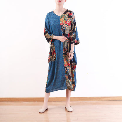 Mode blau natürliche Chiffon-Kleid lässig Patchwork-Drucke Kaftane feine Seide O Hals Maxi-Kleider