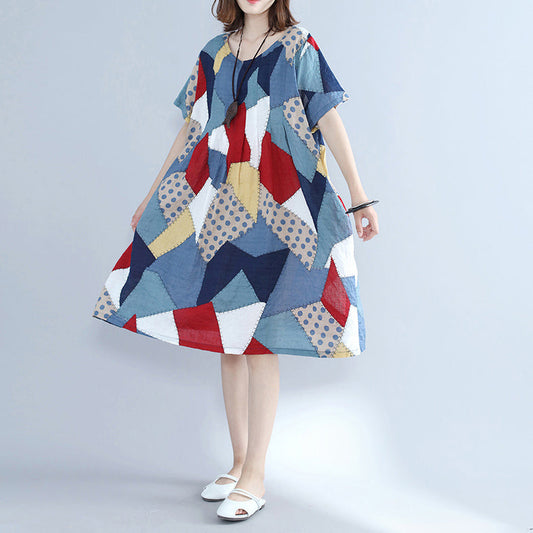 Mode blau Patchwork Midi Baumwollkleider Plus Size Urlaubskleider Elegantes O-Ausschnitt Kurzarm Midikleid