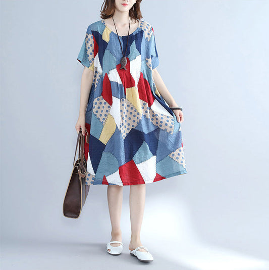 Mode blau Patchwork Midi Baumwollkleider Plus Size Urlaubskleider Elegantes O-Ausschnitt Kurzarm Midikleid