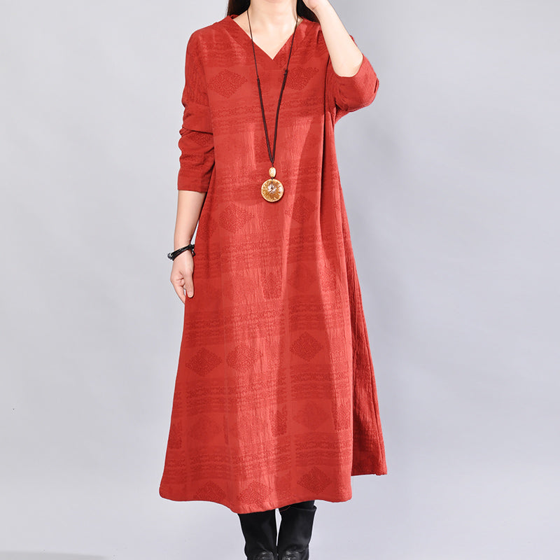 Mode Burgund Midi-Länge Leinenkleid übergroße Leinen Kleidung Kleider elegante Rückseite offene V-Ausschnitt Leinen Kleidung Kleid