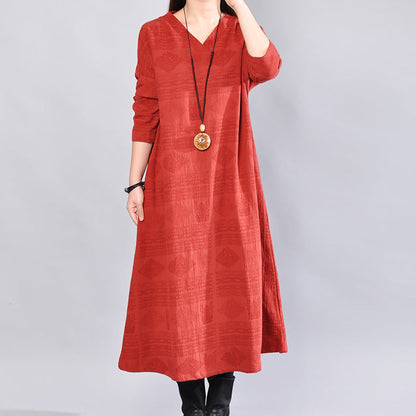 Mode Burgund Midi-Länge Leinenkleid übergroße Leinen Kleidung Kleider elegante Rückseite offene V-Ausschnitt Leinen Kleidung Kleid