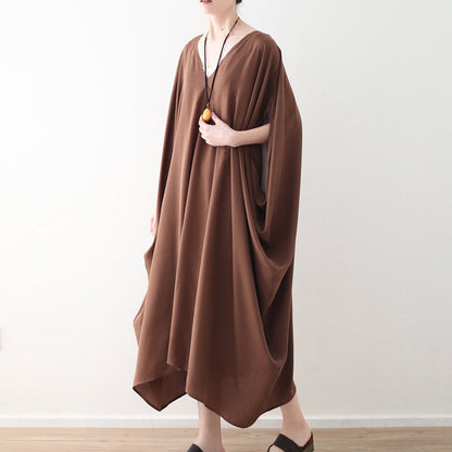 Mode Schokolade natürliche Chiffon-Kleid Plus Größe V-Ausschnitt Reisekleid Elegante Fledermausärmel Kaftans