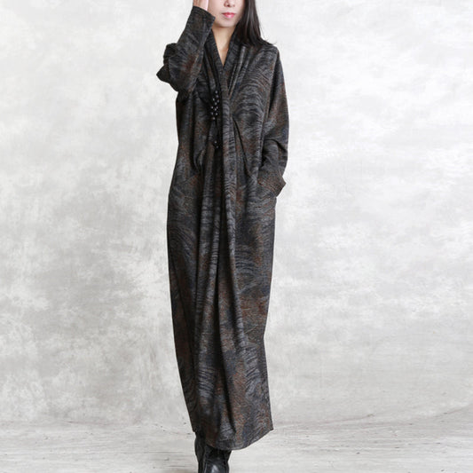 Modisches Herbstkleid mit Schokoladendruck, 2018. Locker sitzende Taschen, Reisekleidung, Boutique, langärmliges asymmetrisches Design, Kaftane aus Seiden-Baumwoll-Mischgewebe