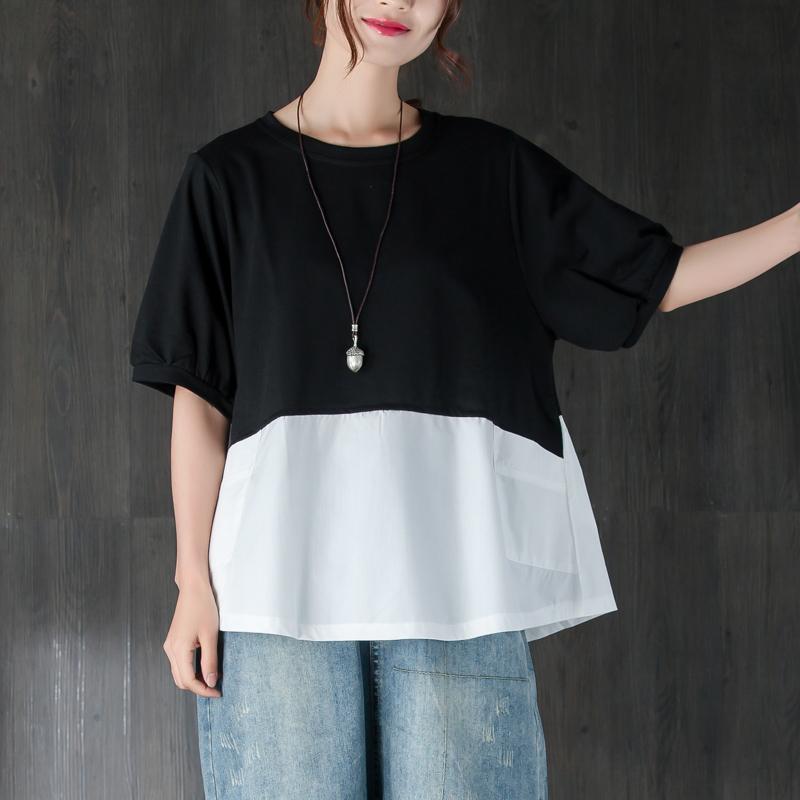 Mode Baumwolle Sommer Top Plus Größe Kleidung Kurzarm Spleißen Schwarz und Weiß Baumwolle Tops
