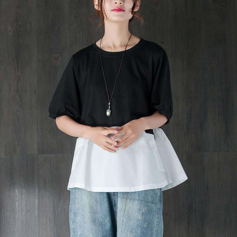 Mode Baumwolle Sommer Top Plus Größe Kleidung Kurzarm Spleißen Schwarz und Weiß Baumwolle Tops