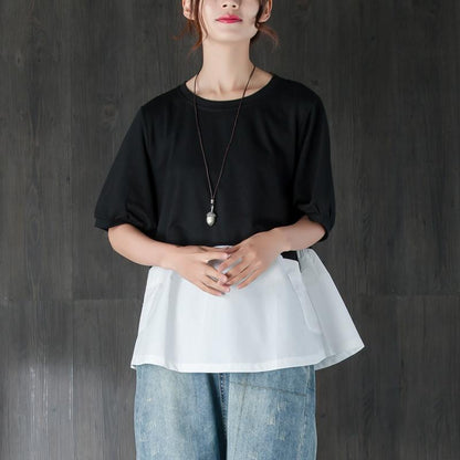 Mode Baumwolle Sommer Top Plus Größe Kleidung Kurzarm Spleißen Schwarz und Weiß Baumwolle Tops