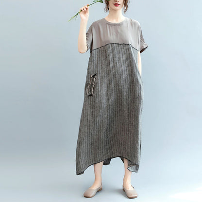 Mode grau natürliche Leinen Kleid Oversize O Hals Patchwork Leinen Kleidung Kleider Frauen Kurzarm Baggy Kleider