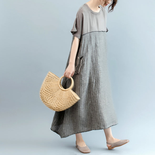 Mode grau natürliche Leinen Kleid Oversize O Hals Patchwork Leinen Kleidung Kleider Frauen Kurzarm Baggy Kleider