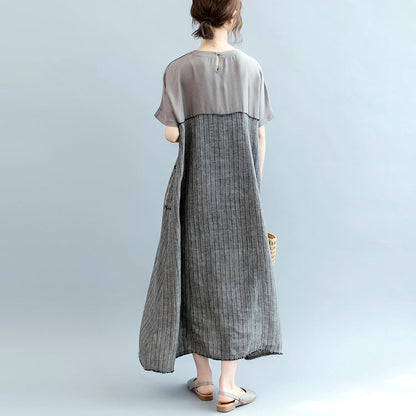 Mode grau natürliche Leinen Kleid Oversize O Hals Patchwork Leinen Kleidung Kleider Frauen Kurzarm Baggy Kleider