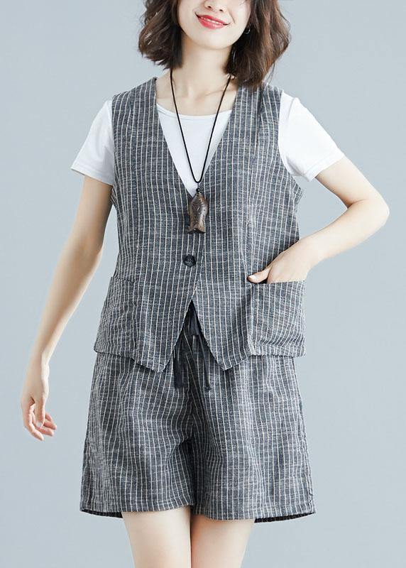 fashion gray striped two pieces women sleeveless tops and casual shorts - SooLinen
