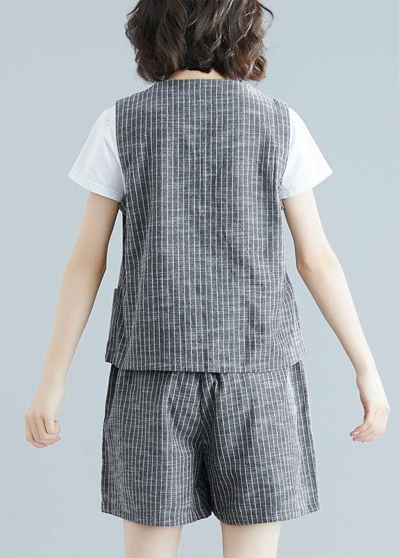 fashion gray striped two pieces women sleeveless tops and casual shorts - SooLinen