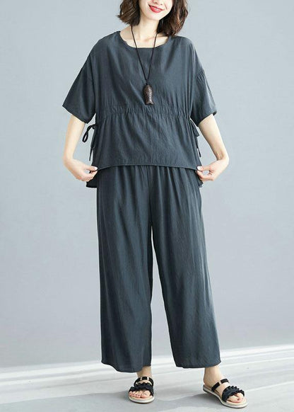 fashion gray two pieces drawstring short sleeve tops and elastic waist pants - SooLinen