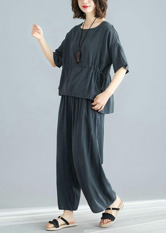 fashion gray two pieces drawstring short sleeve tops and elastic waist pants - SooLinen