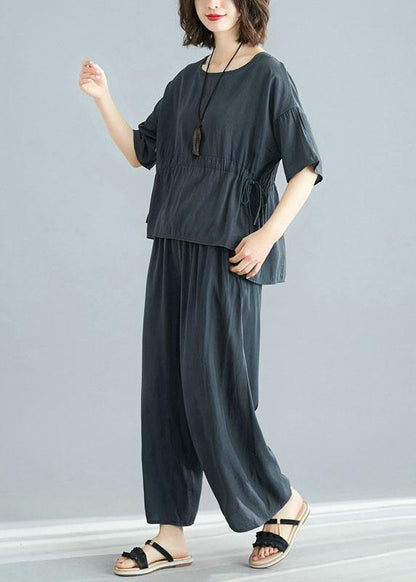 fashion gray two pieces drawstring short sleeve tops and elastic waist pants - SooLinen