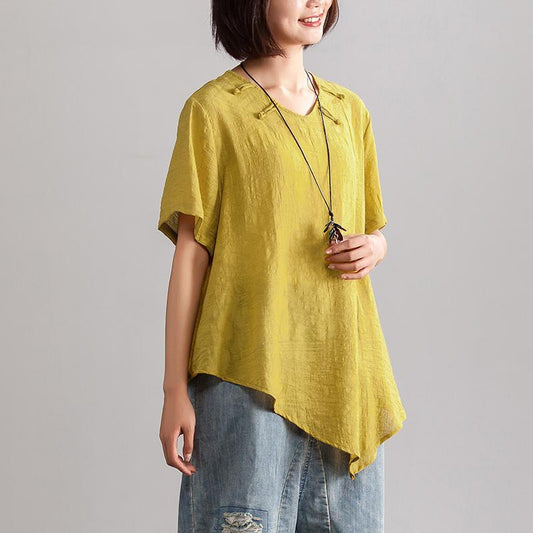 Mode Leinen gemischt Bluse Übergröße unregelmäßigen Saum Frauen Sommer Kurzarm Casual Loose gelbe Bluse