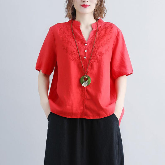 Mode Leinen Bluse Oversize Retro Kurzarm Stickerei High-Low Saum Rot Tops