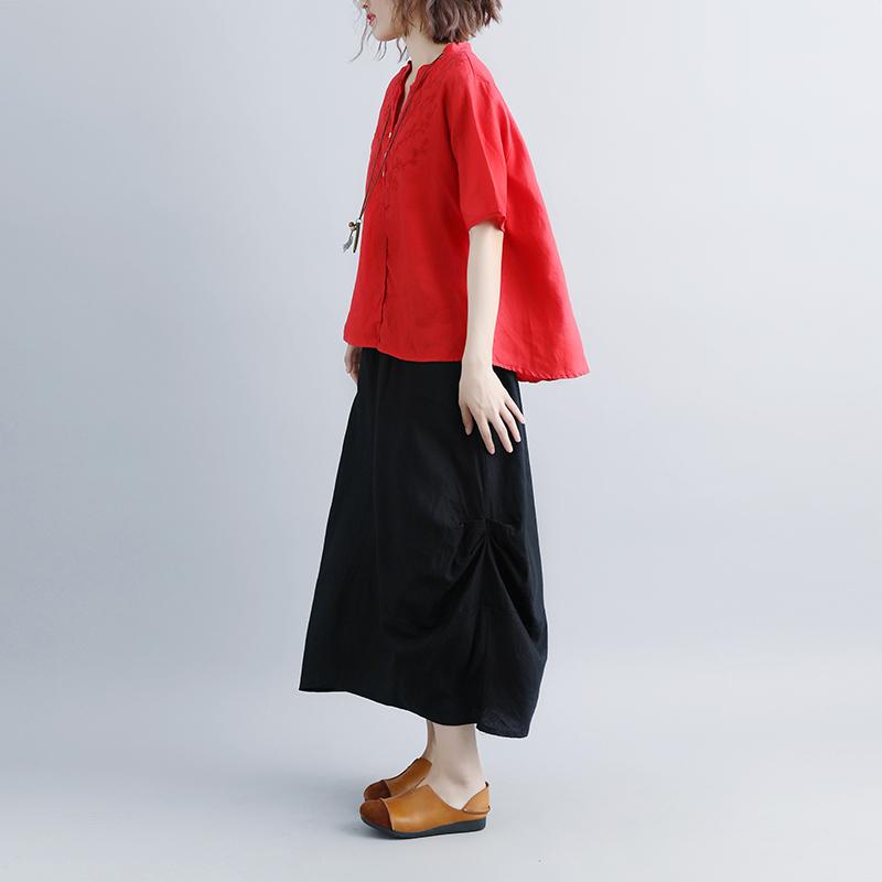 Mode Leinen Bluse Oversize Retro Kurzarm Stickerei High-Low Saum Rot Tops