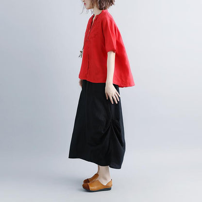 Mode Leinen Bluse Oversize Retro Kurzarm Stickerei High-Low Saum Rot Tops