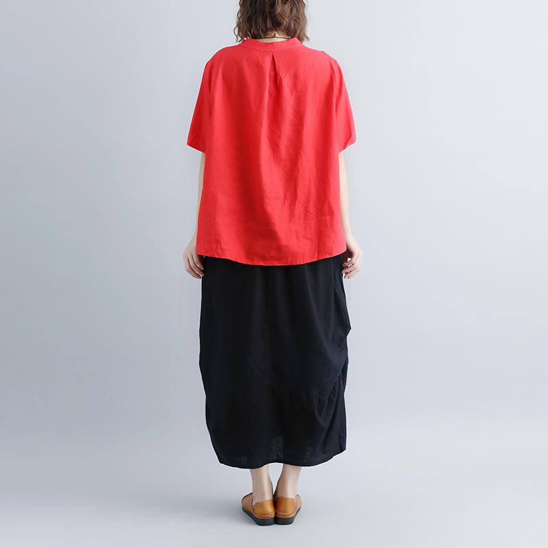 Mode Leinen Bluse Oversize Retro Kurzarm Stickerei High-Low Saum Rot Tops
