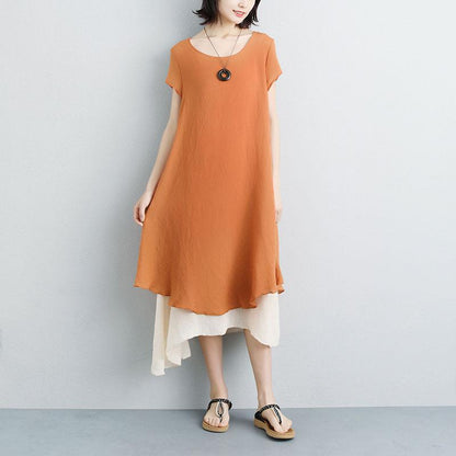 Mode Leinen Sommerkleid Plus Größe Falsche zweiteilige Kurzarm Orange Plain Kleid