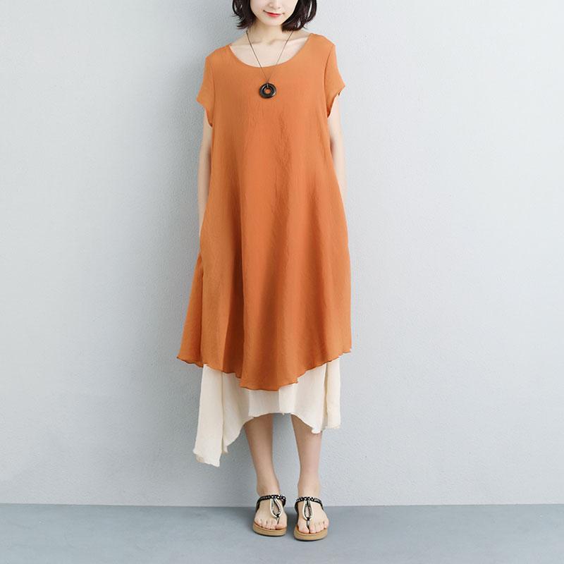 Mode Leinen Sommerkleid Plus Größe Falsche zweiteilige Kurzarm Orange Plain Kleid