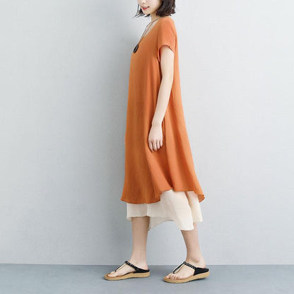 Mode Leinen Sommerkleid Plus Größe Falsche zweiteilige Kurzarm Orange Plain Kleid