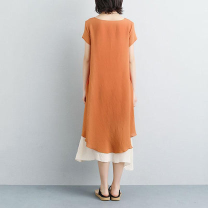 Mode Leinen Sommerkleid Plus Größe Falsche zweiteilige Kurzarm Orange Plain Kleid