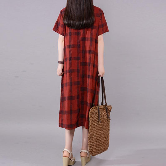 Mode natürliche Baumwolle Kleid plus Größe Gitter Rundhals Kurzarm rote Baumwolle Kleid