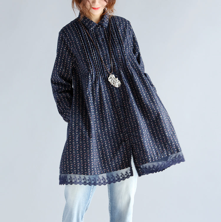 Mode Navy Print Midi-Baumwollpullover Übergröße Neue Langarm Cinched Turn-Down-Kragen Spitze Baumwollblusen
