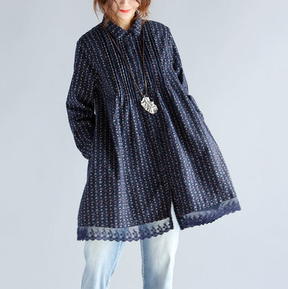Mode Navy Print Midi-Baumwollpullover Übergröße Neue Langarm Cinched Turn-Down-Kragen Spitze Baumwollblusen