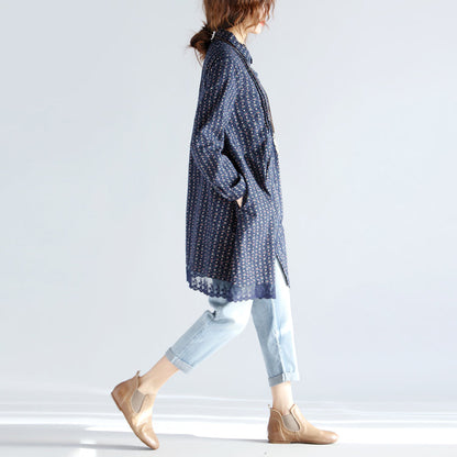 Mode Navy Print Midi-Baumwollpullover Übergröße Neue Langarm Cinched Turn-Down-Kragen Spitze Baumwollblusen