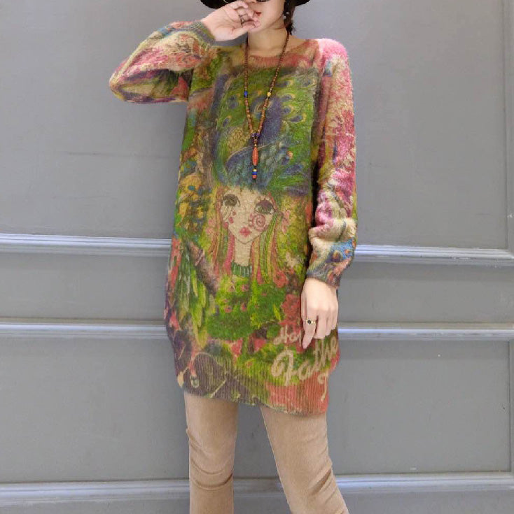 Mode neue Mädchen Druck Baumwolle Pullover Tops plus Größe Casual Floral Mid lange Strickpullover