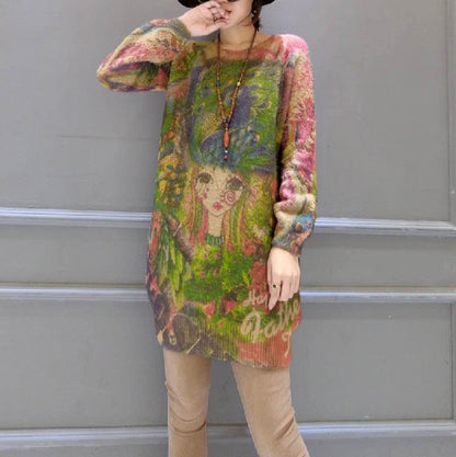 Mode neue Mädchen Druck Baumwolle Pullover Tops plus Größe Casual Floral Mid lange Strickpullover