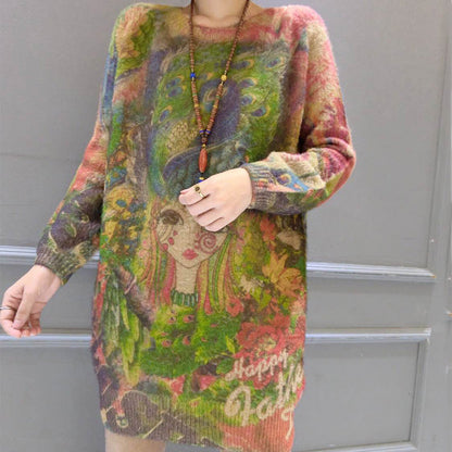 Mode neue Mädchen Druck Baumwolle Pullover Tops plus Größe Casual Floral Mid lange Strickpullover