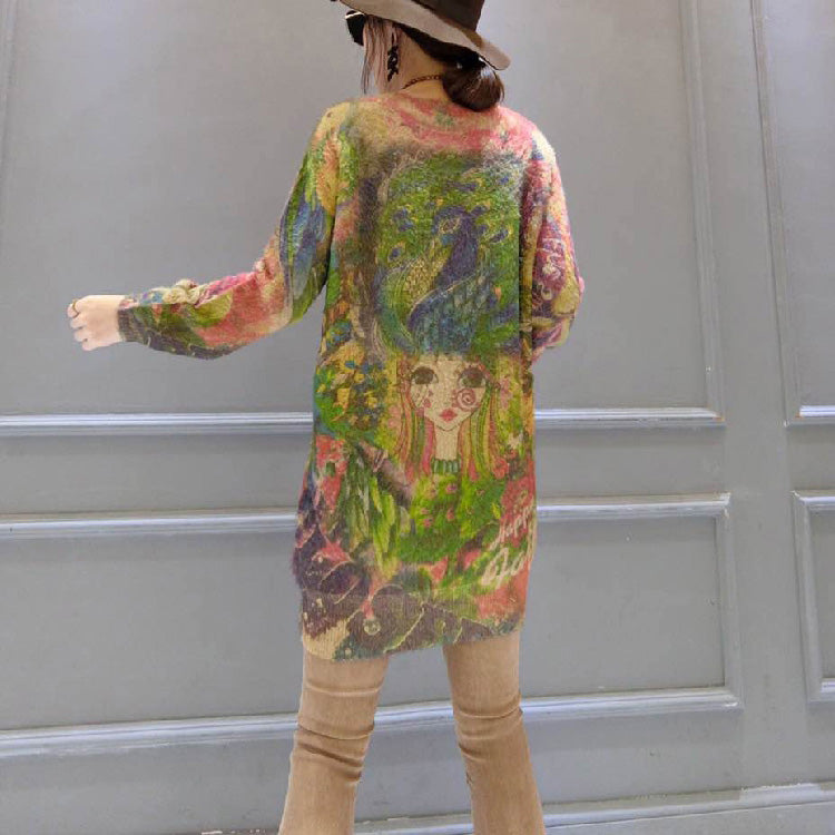 Mode neue Mädchen Druck Baumwolle Pullover Tops plus Größe Casual Floral Mid lange Strickpullover