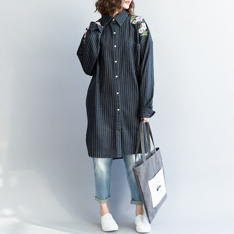 Mode-Outfit Refashion Turn-Down-Kragen Stickerei dunkelblau gestreiften DIY Baumwolle Tops