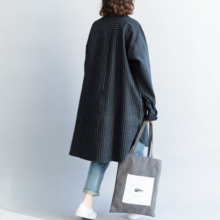 Mode-Outfit Refashion Turn-Down-Kragen Stickerei dunkelblau gestreiften DIY Baumwolle Tops