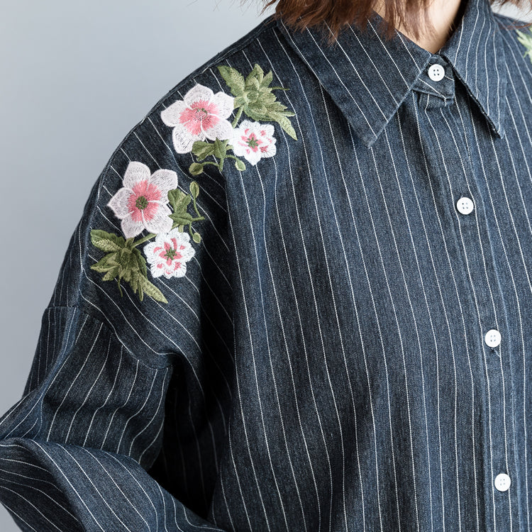 Mode-Outfit Refashion Turn-Down-Kragen Stickerei dunkelblau gestreiften DIY Baumwolle Tops