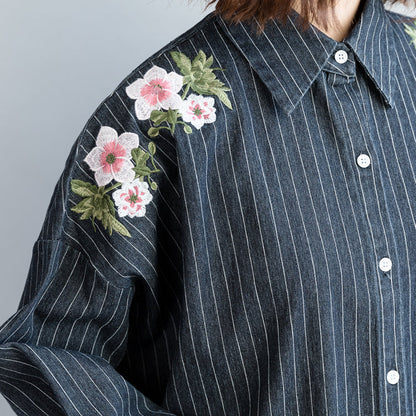 Mode-Outfit Refashion Turn-Down-Kragen Stickerei dunkelblau gestreiften DIY Baumwolle Tops