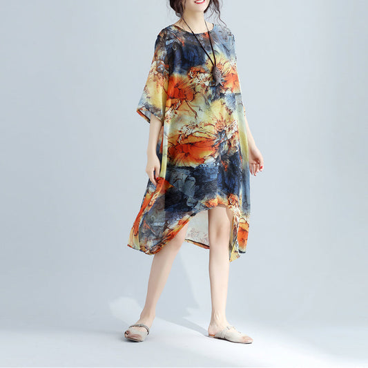 Modedrucke Chiffon-Etuikleider Übergroßes Maxikleid mit O-Ausschnitt 2018 Midikleid mit niedrigem und hohem Design