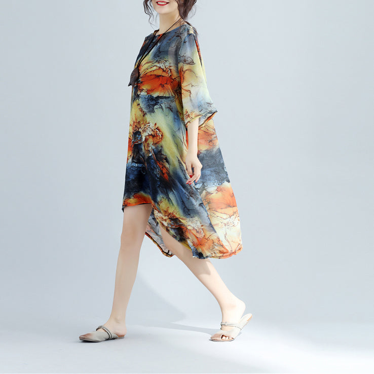Modedrucke Chiffon-Etuikleider Übergroßes Maxikleid mit O-Ausschnitt 2018 Midikleid mit niedrigem und hohem Design