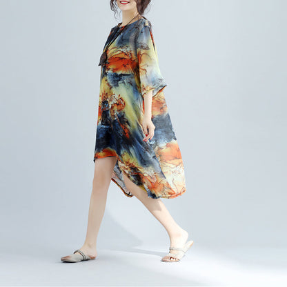 Modedrucke Chiffon-Etuikleider Übergroßes Maxikleid mit O-Ausschnitt 2018 Midikleid mit niedrigem und hohem Design
