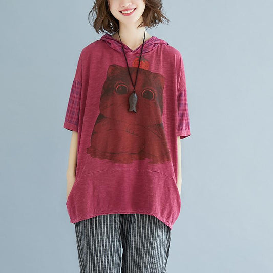 Mode reine Leinen Bluse übergroße Plaid Sommer Kurzarm High-Low Saum lila Kapuzenbluse