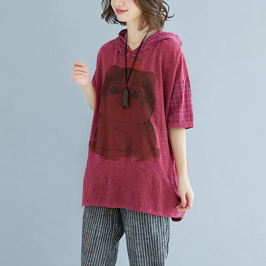 Mode reine Leinen Bluse übergroße Plaid Sommer Kurzarm High-Low Saum lila Kapuzenbluse